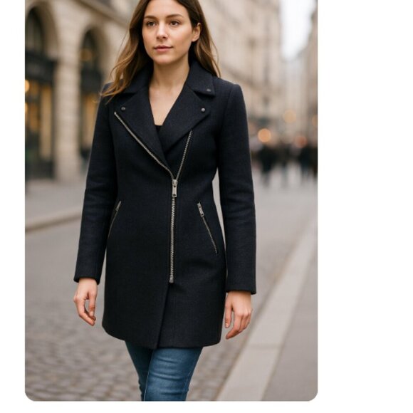 Sandro Peacoat Womens Blue Black symmetrical zipper size 40/M - Picture 1 of 10